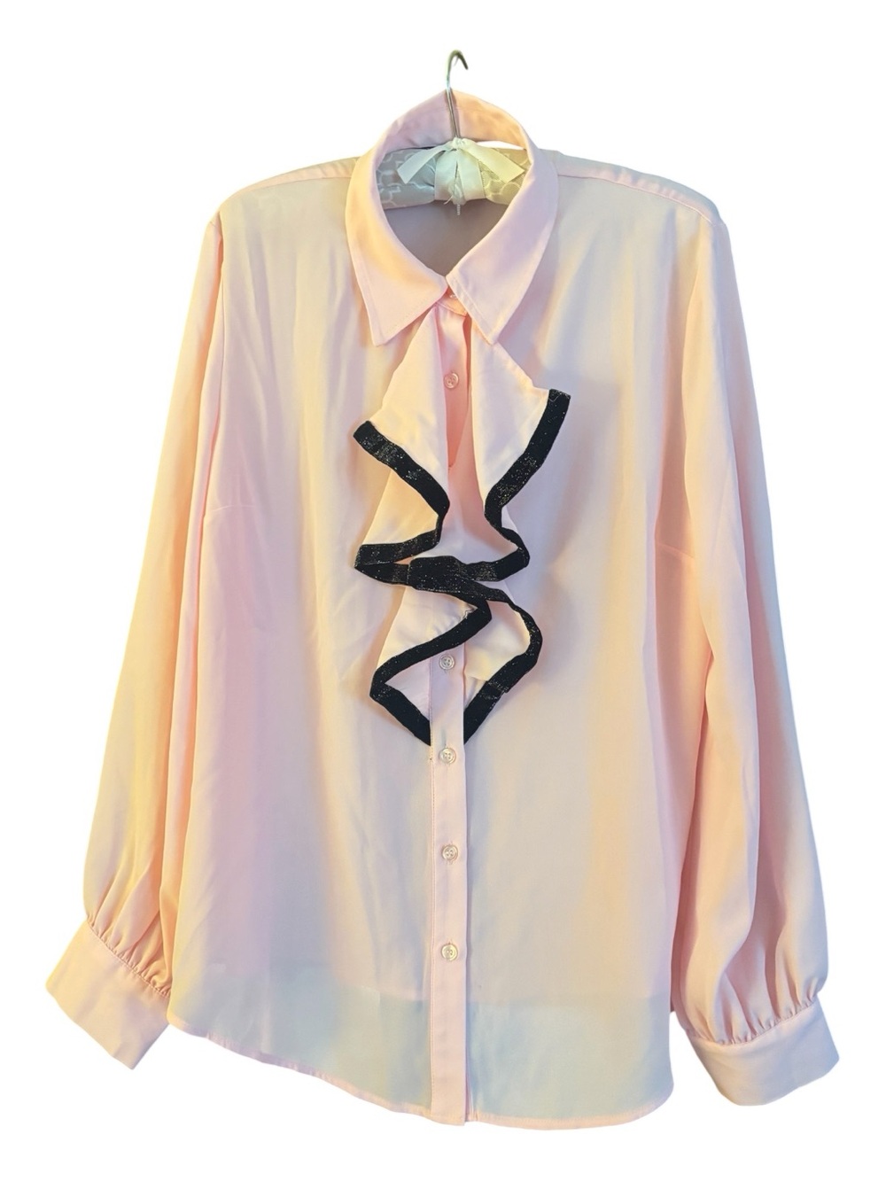New York & Company Pink Button-Front Ruffle Blouse with Black Trim Size L NWT